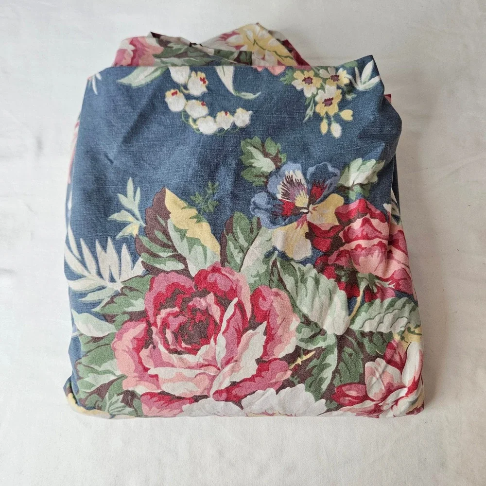 RALPH LAUREN USA Kimberly Floral Blue Cotton Roses Queen Fitted Sheet Vintage